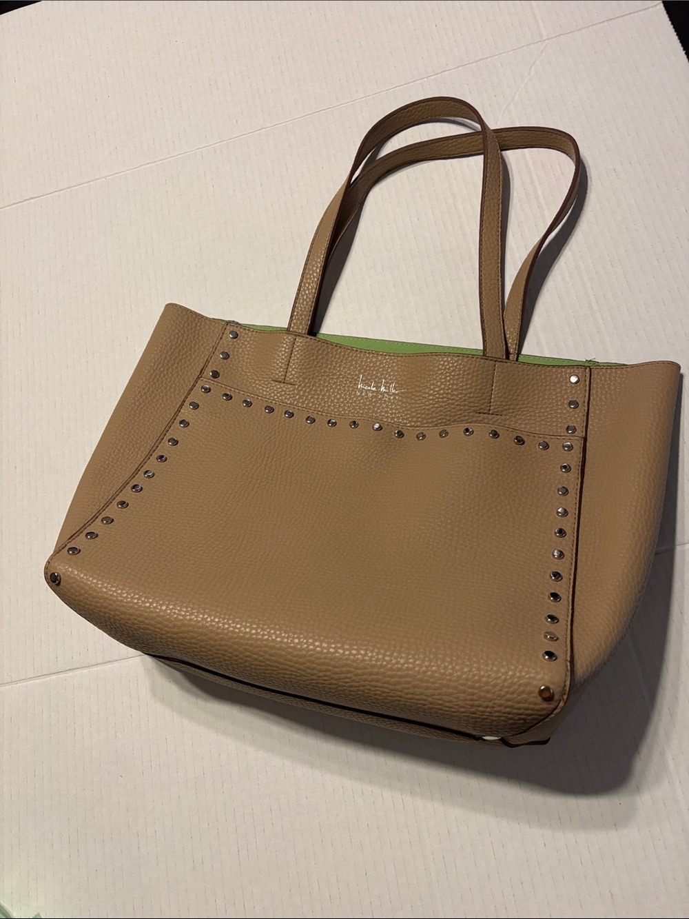 Nicole Miller Large Soft Tan Pebbled Leather Purse Tote Laptop Travel Work Play